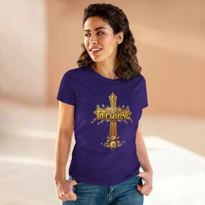 Becoming Women’s Faith Tee – Gold Cross Edition (Light Lettering, 1 Corinthians 15:49)