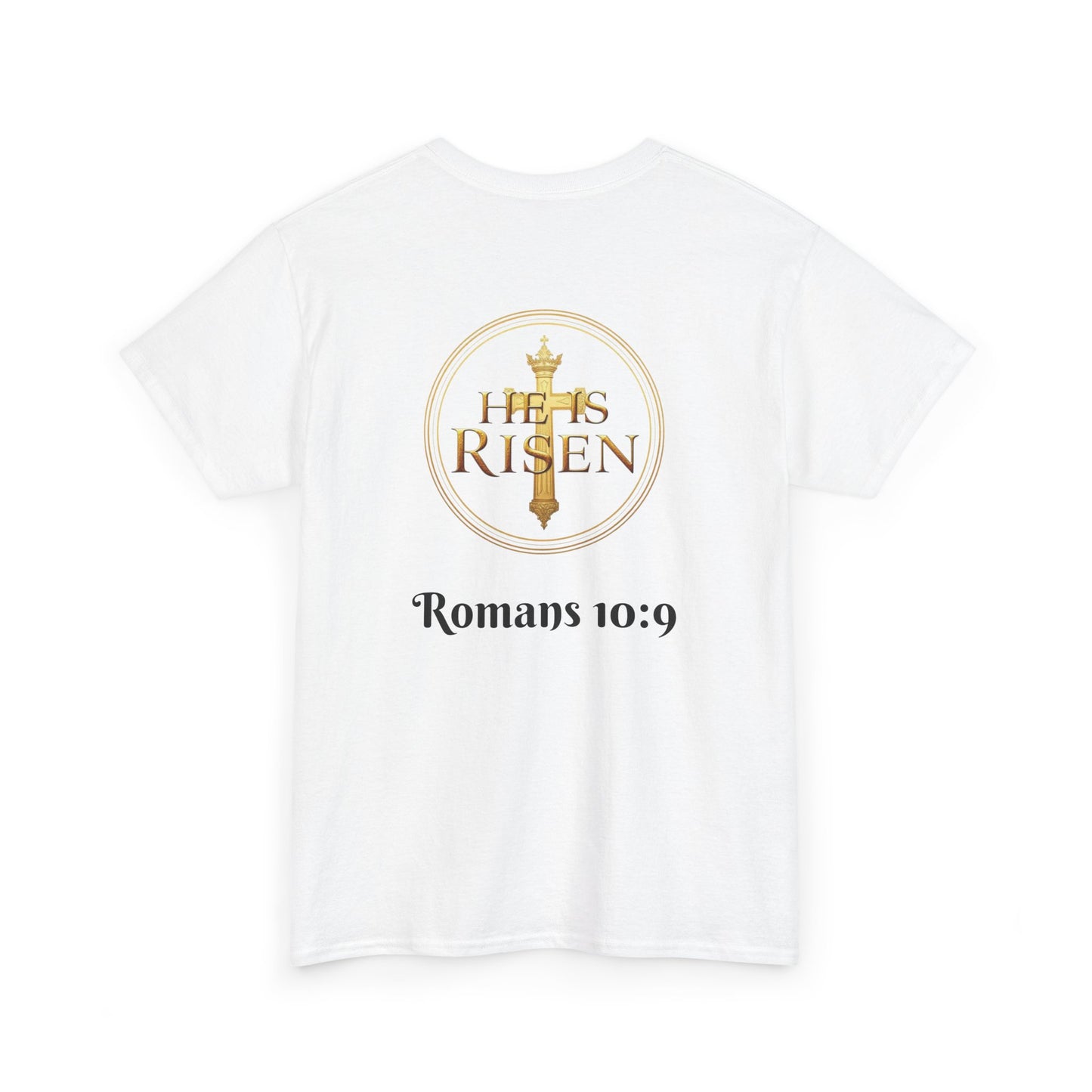 Men’s Romans 10:9 Christian T-Shirt – Jesus Is Lord & He Is Risen (Dark Lettering)
