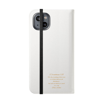 White Wallet Case – Gold Cross with 1 Corinthians 1:18 for iPhones