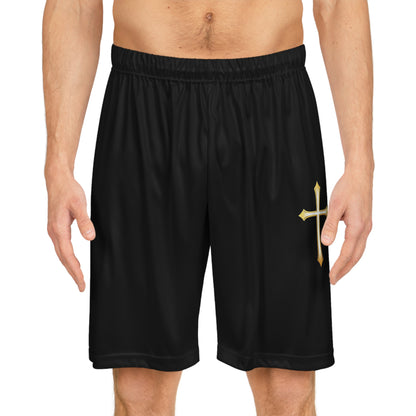 Men’s Modern Gold Cross Basketball Shorts in Black – Sleek Faith-Inspired Design