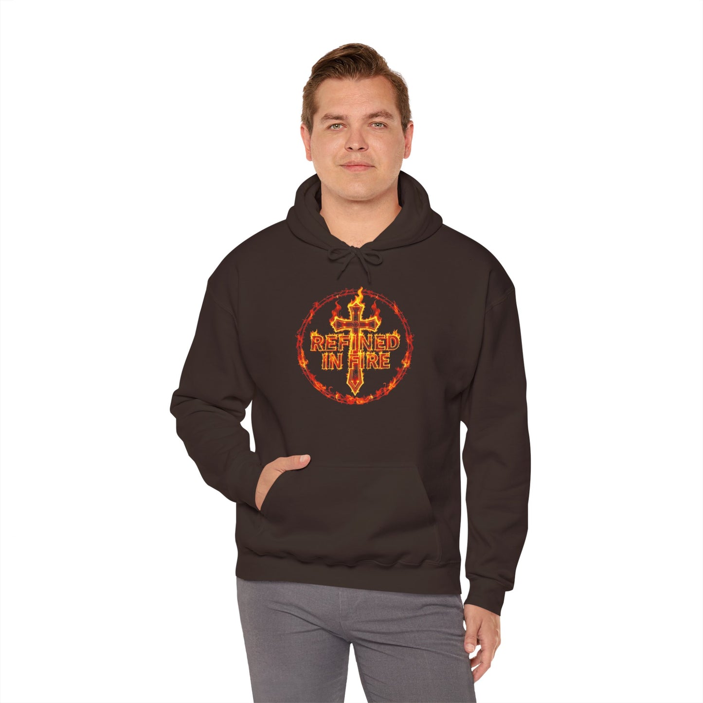 Men’s “Refined in Fire” Christian Hoodie – Flame Design Faith Pullover