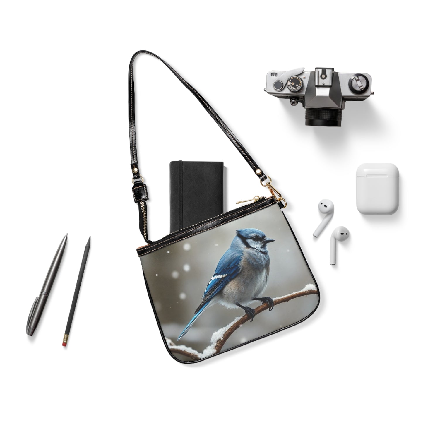 Winter Serenity Shoulder Bag – Blue Jay in Snow Scene