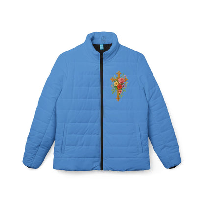 Blooming Faith Women’s Puffer Jacket in Blue – Floral Cross Crest