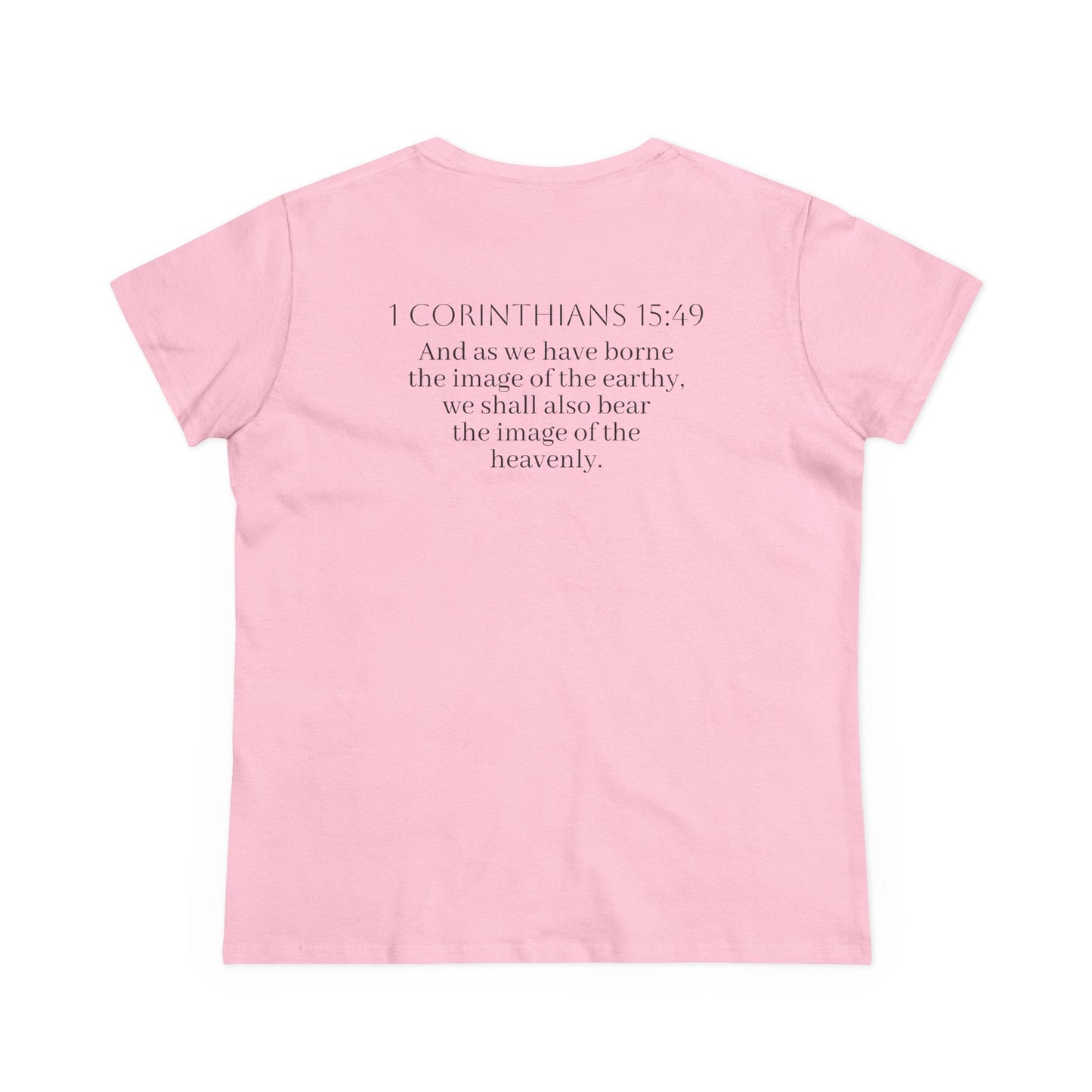 Becoming Women’s Faith Tee – Gold Cross Edition (Dark Lettering, 1 Corinthians 15:49)