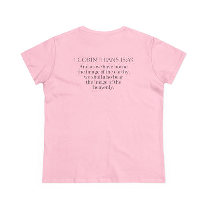 Becoming Women’s Faith Tee – Gold Cross Edition (Dark Lettering, 1 Corinthians 15:49)