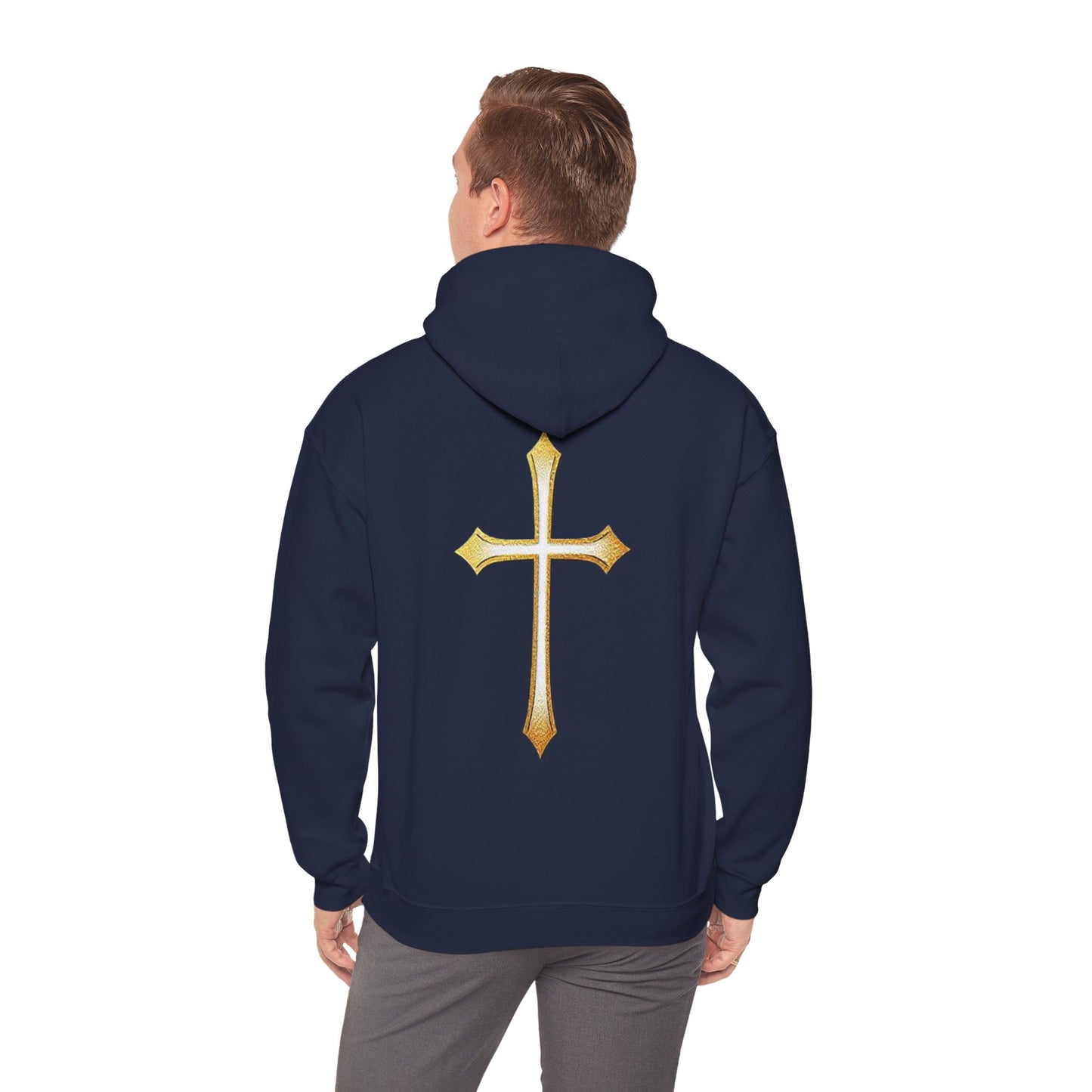 Men’s Gold Cross Hoodie – Bold Christian Faith Hoodie with Front & Back Design