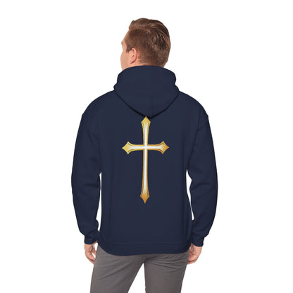 Men’s Gold Cross Hoodie – Bold Christian Faith Hoodie with Front & Back Design