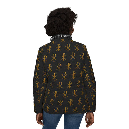 Radiant Victory Women’s Puffer Jacket in Black – Gold Chi Rho Pattern