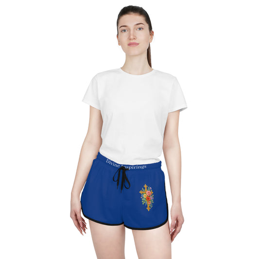 Blooming Faith Women's Shorts in Blue with Floral Cross Design