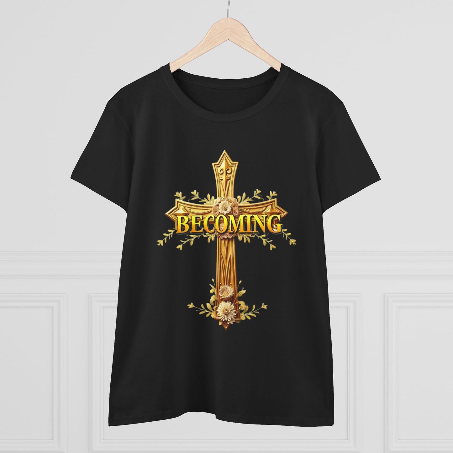 Becoming Women’s Faith Tee – Gold Cross Edition (Light Lettering, 1 Corinthians 15:49)