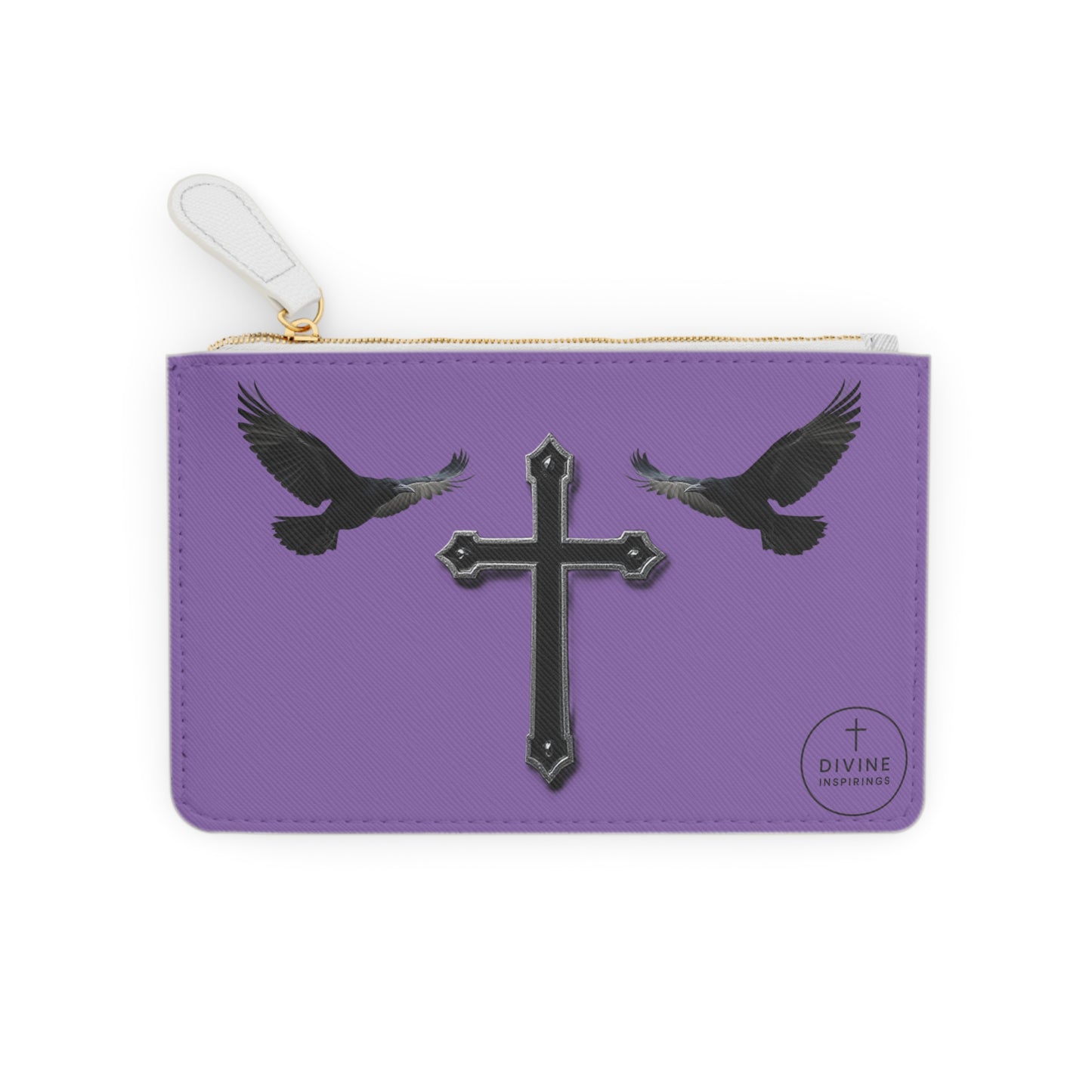 “Shadowed Faith” | Women’s Mini Clutch in Mauve – Black Cross with Flanking Crows