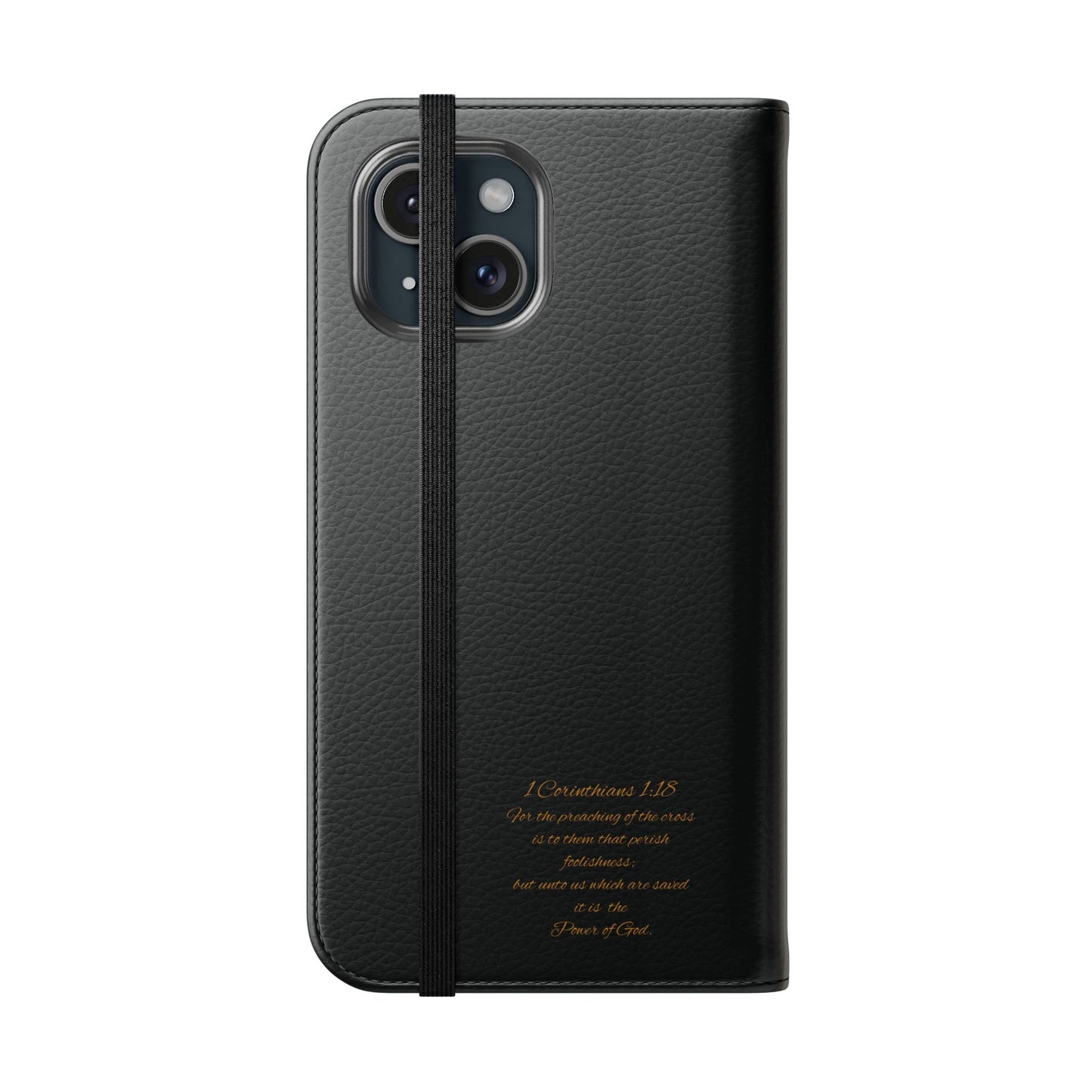 Black with Gold Cross & 1 Corinthians 1:18 - iPhone Flip/Wallet Phone Case