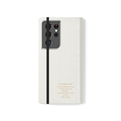 White with Gold Cross & 1 Corinthians 1:18 - Samsung Flip/Wallet Phone Case