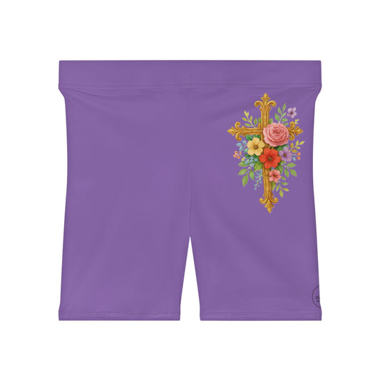 Floral Cross Women’s Biking Shorts in Purple – Beauty and Strength in the Cross