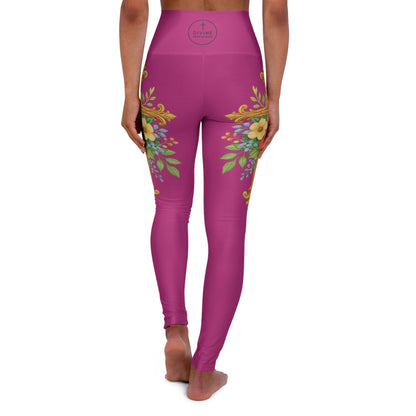 Floral Cross Graceful Fit High-Waisted Leggings in Fuchsia - Christian Women's Apparel