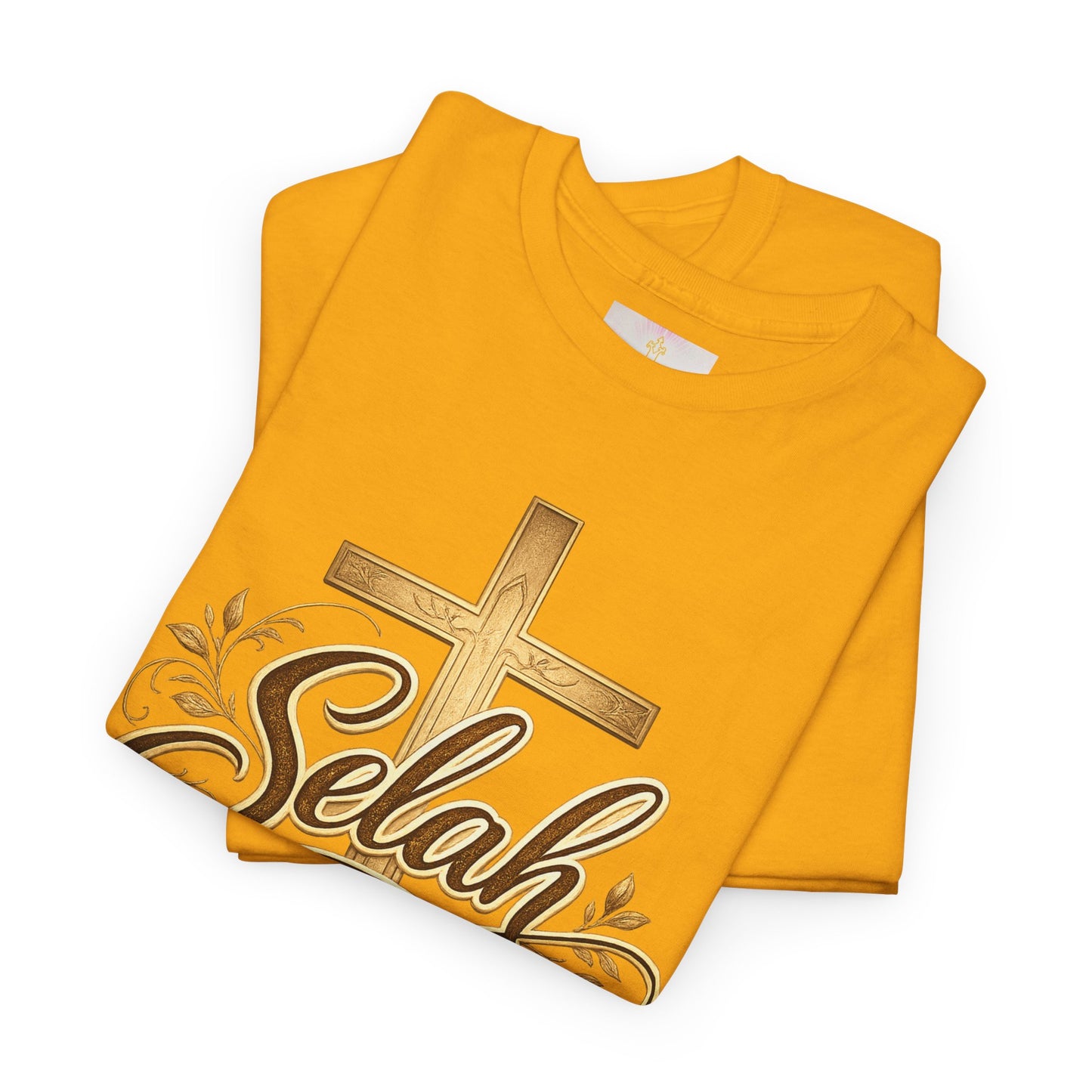 Selah Cross Tee — Women's Christian T‑Shirt with Gold Script