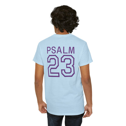 Psalm 23 Men’s T-Shirt – Inspired Sports-Style Shirt (Purple Lettering)