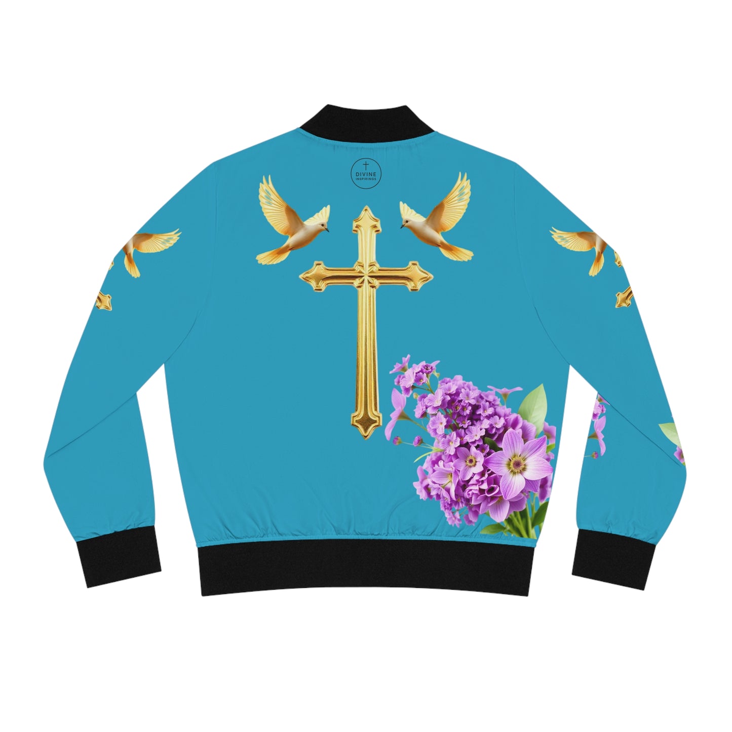 Heavenly Ascent – Gold Cross & Doves Women’s Bomber Jacket in Turquoise