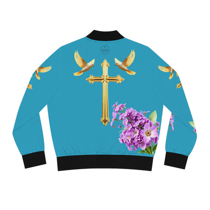 Heavenly Ascent – Gold Cross & Doves Women’s Bomber Jacket in Turquoise