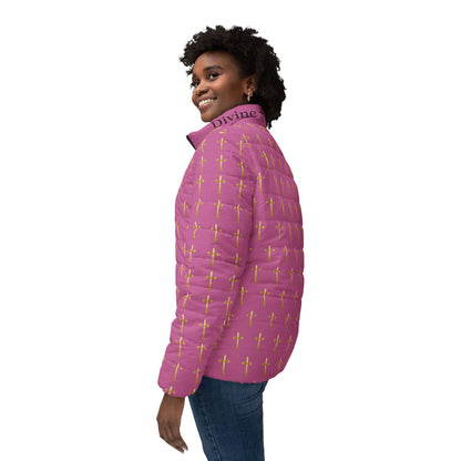 Golden Light Women’s Puffer Jacket in Pink – All-Over Cross Pattern
