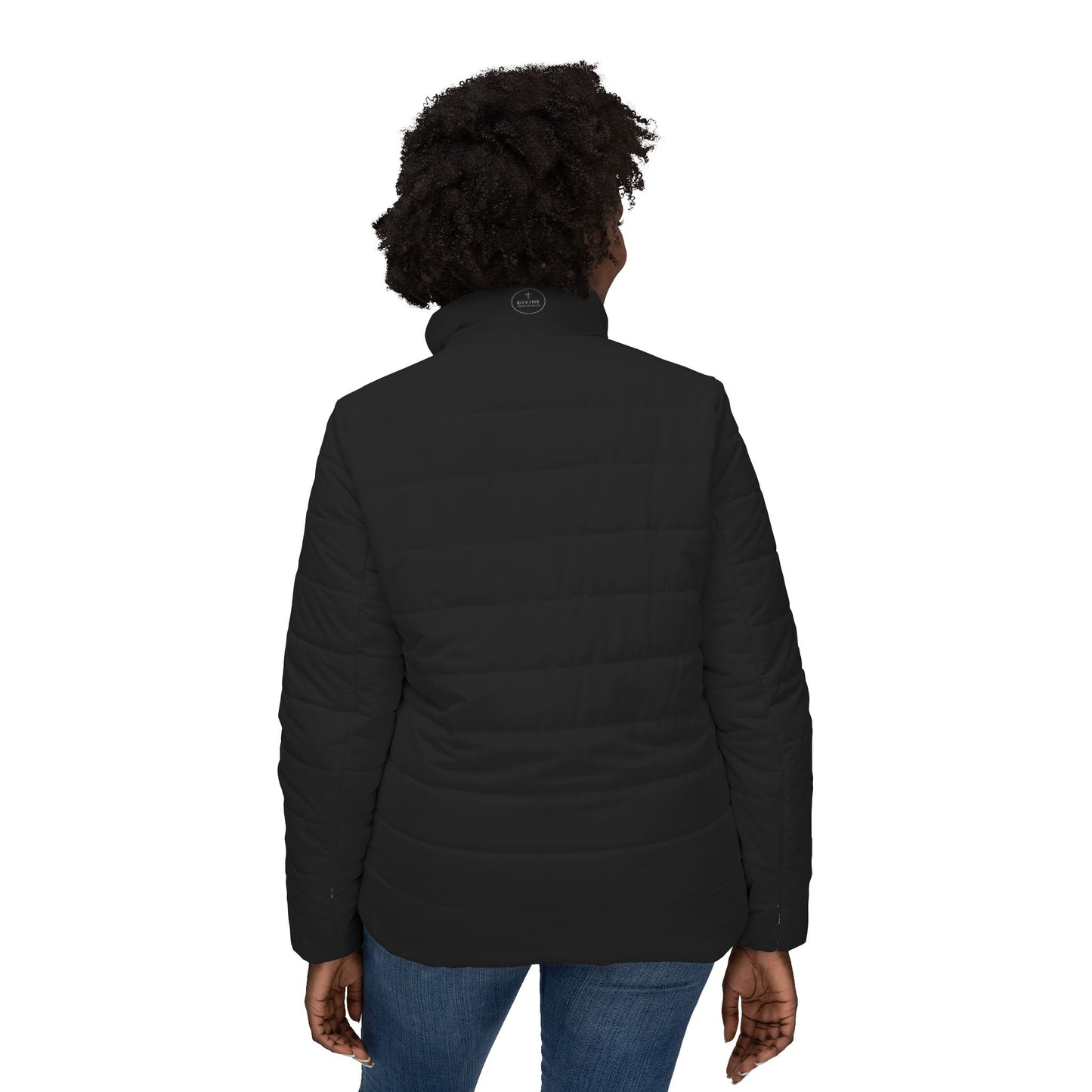 Blooming Faith Women’s Puffer Jacket in Black – Floral Cross Crest
