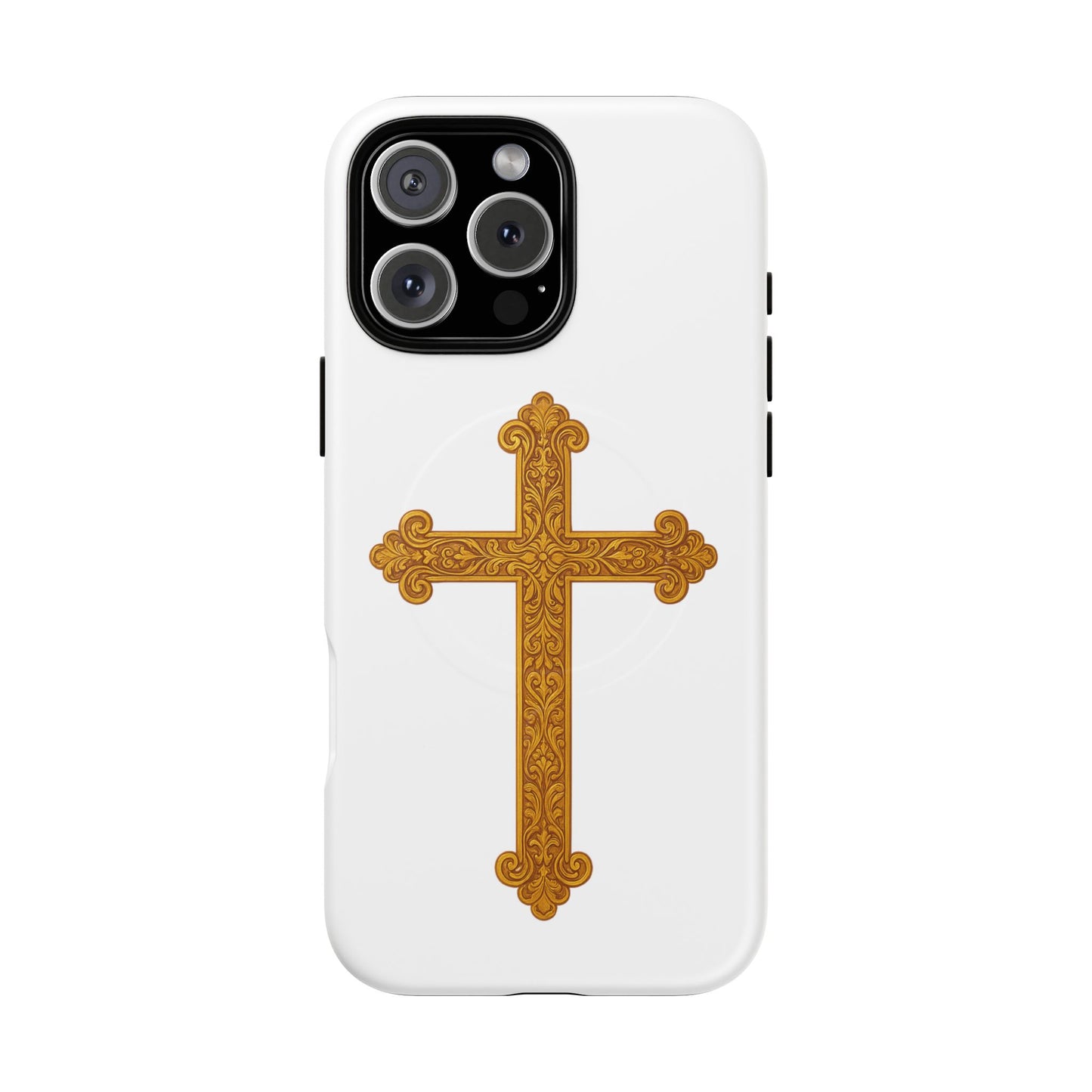 Gold Cross on White Magnetic Tough Case for iPhone – Strength in Faith