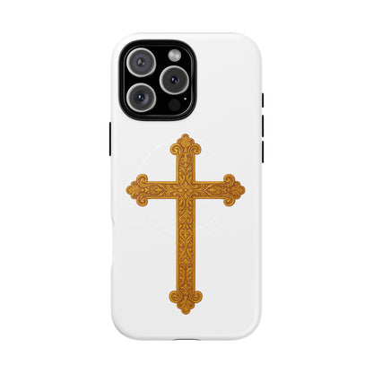 Gold Cross on White Magnetic Tough Case for iPhone – Strength in Faith