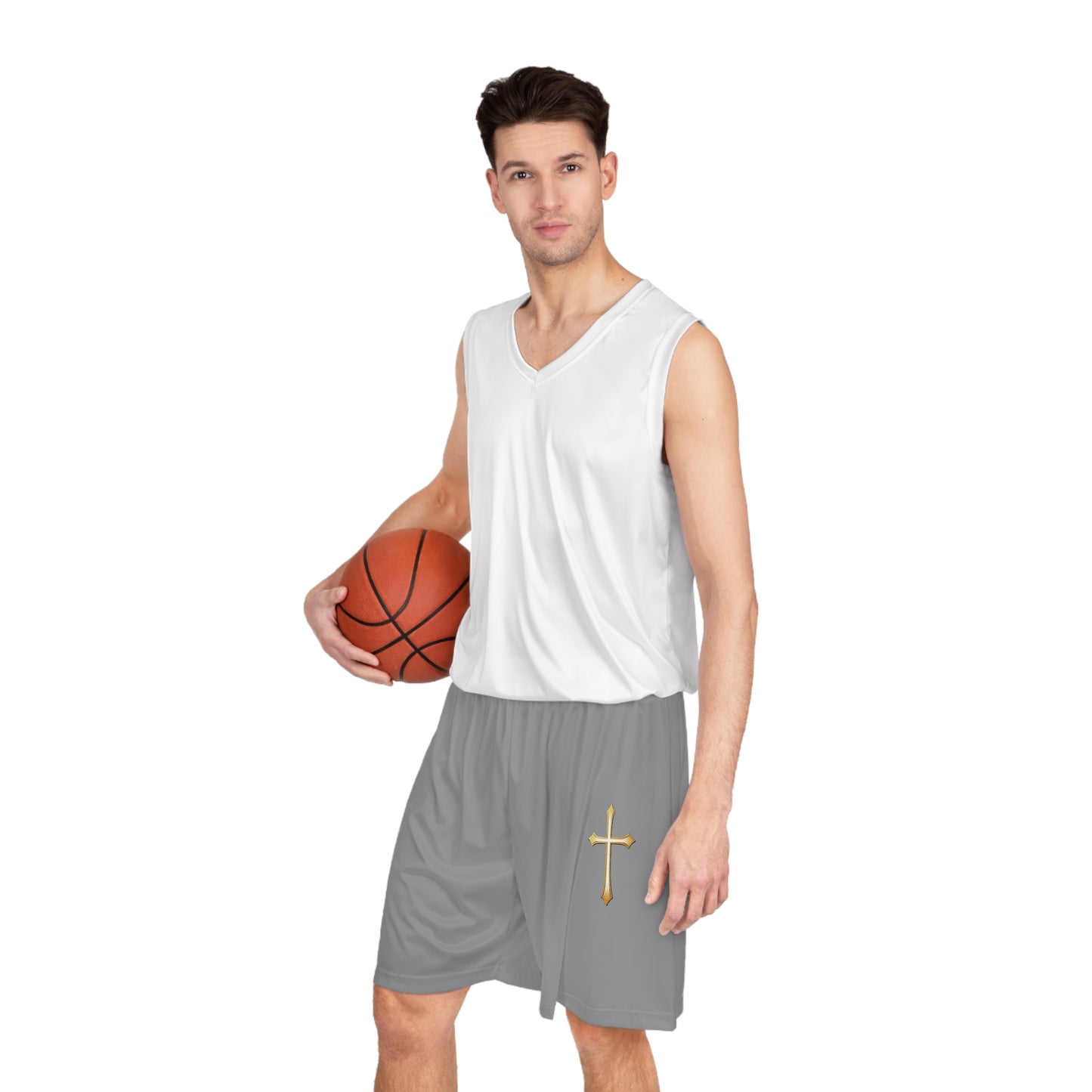 Men’s Modern Gold Cross Basketball Shorts in Grey – Sleek Faith-Inspired Design