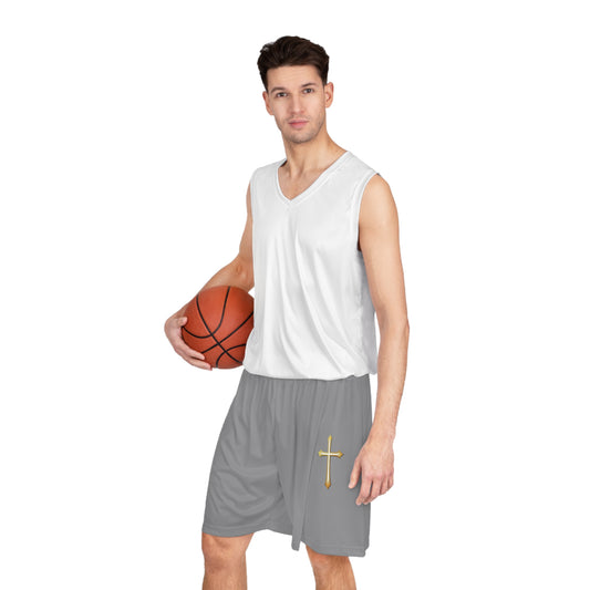Men’s Modern Gold Cross Basketball Shorts in Grey – Sleek Faith-Inspired Design