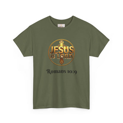 Men’s Romans 10:9 Christian T-Shirt – Jesus Is Lord & He Is Risen (Dark Lettering)