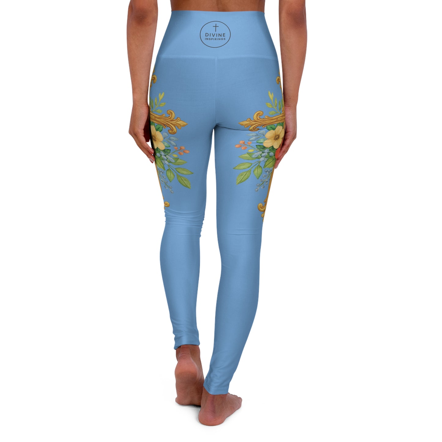 Floral Cross Graceful Fit High-Waisted Leggings in Light Blue - Christian Women's Apparel