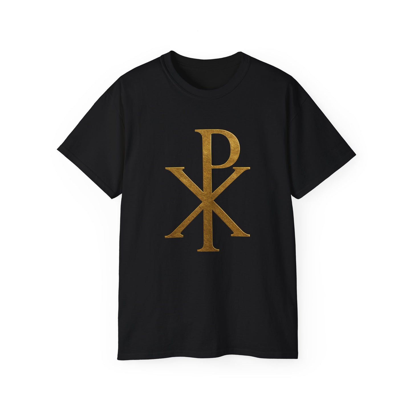 Men’s Christian T-Shirt with Gold Chi Rho – Elegant Faith Symbol Tee