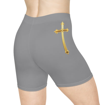 Gold Cross Women’s Biking Shorts in Grey – Symbol of Eternal Victory