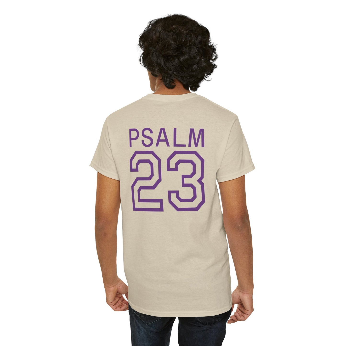 Psalm 23 Men’s T-Shirt – Inspired Sports-Style Shirt (Purple Lettering)