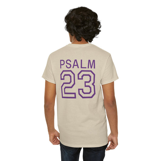 Psalm 23 Men’s T-Shirt – Inspired Sports-Style Shirt (Purple Lettering)