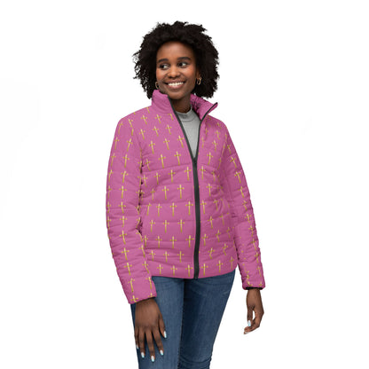 Golden Light Women’s Puffer Jacket in Pink – All-Over Cross Pattern