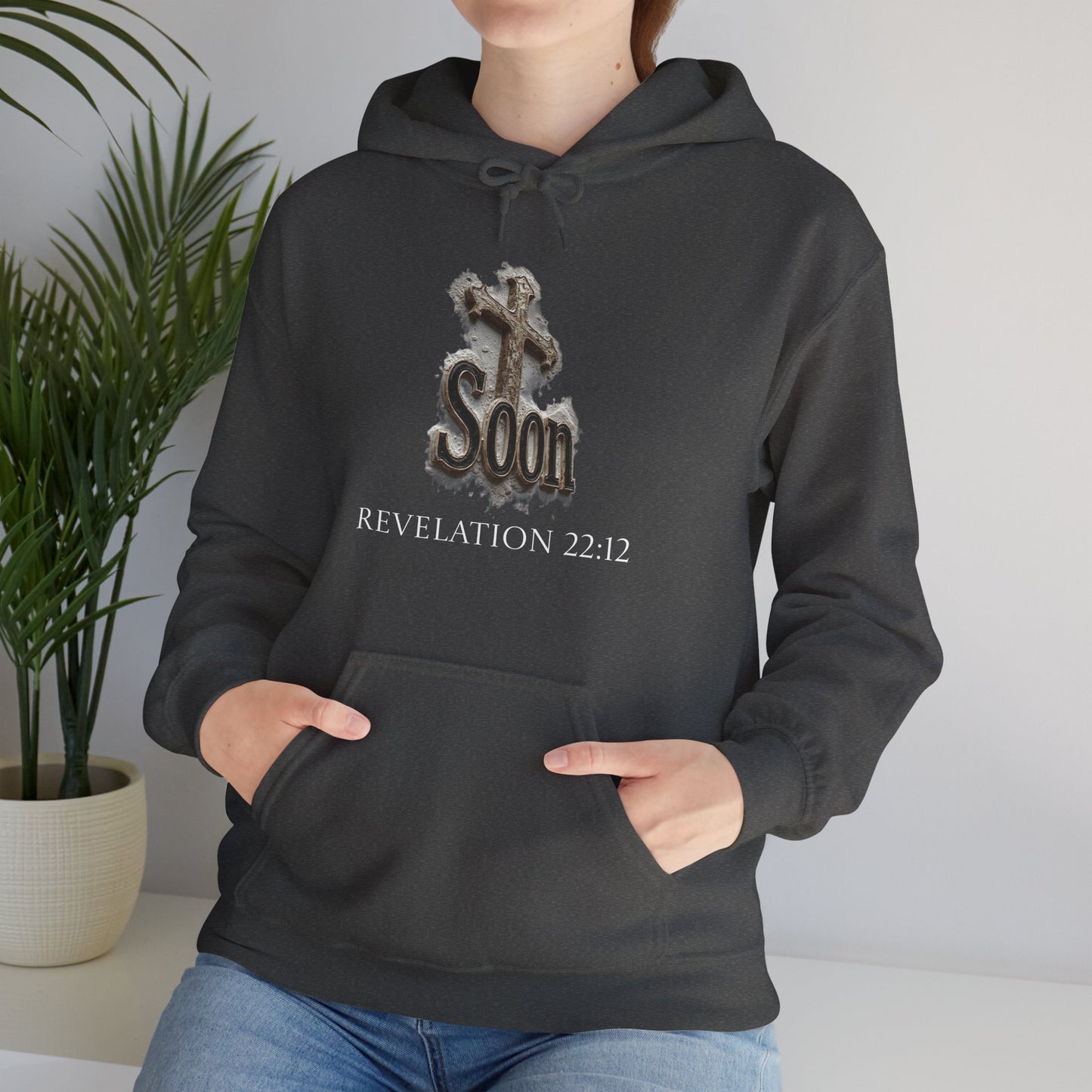 Christian Women’s Hoodie – Soon Cross Hoodie with Revelation 22:12 (White Lettering)