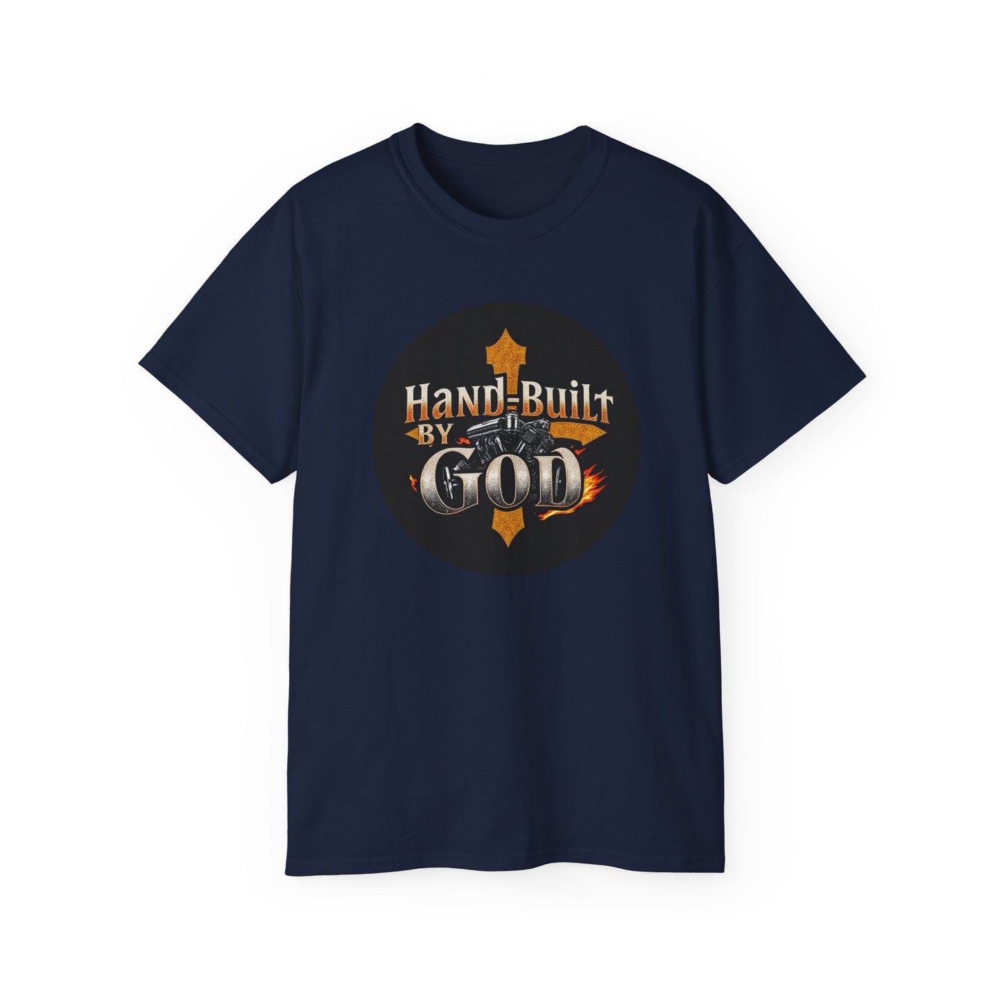 Hand Built by God Men’s Christian Tee – Cross & Engine Design