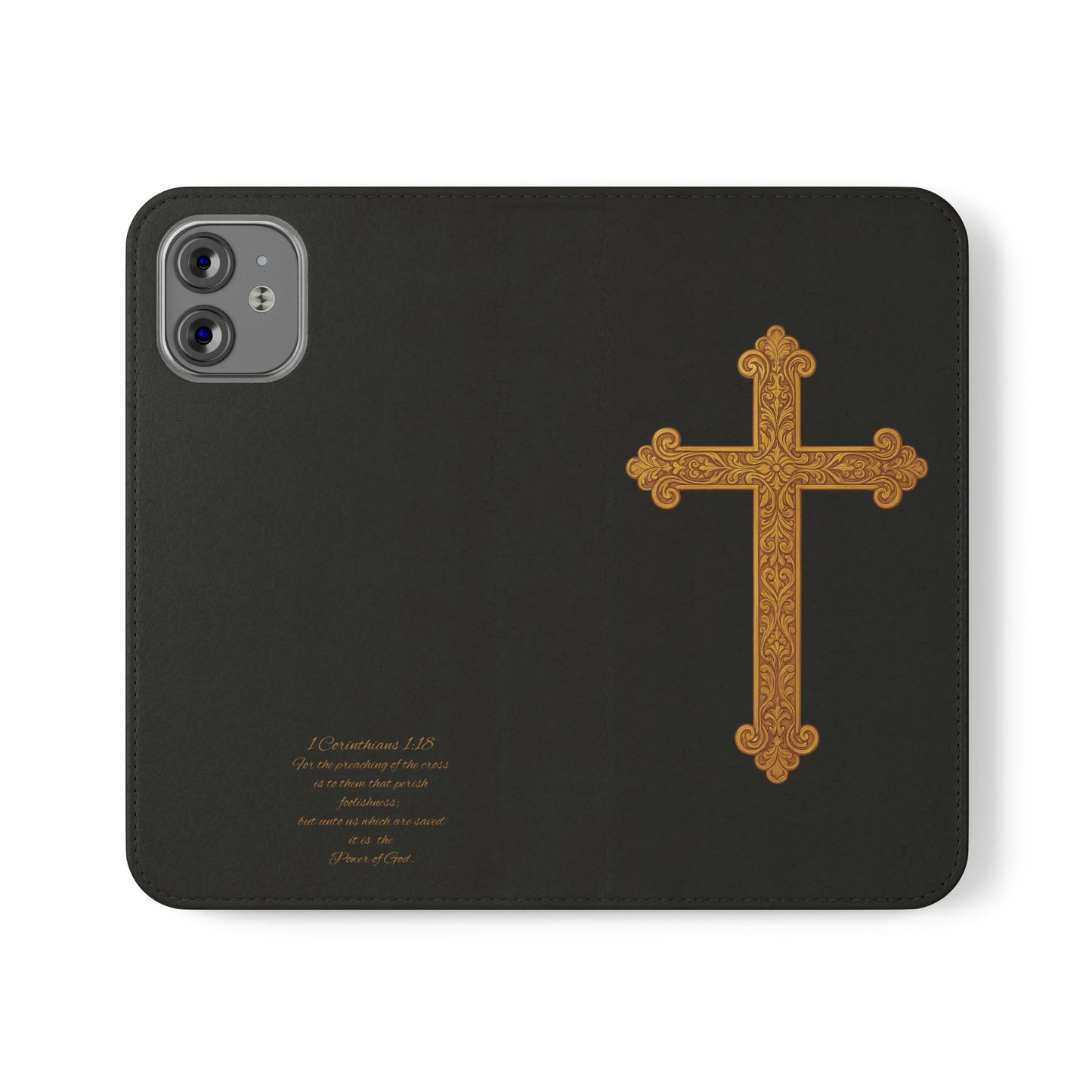 Black with Gold Cross & 1 Corinthians 1:18 - iPhone Flip/Wallet Phone Case