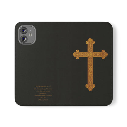 Black with Gold Cross & 1 Corinthians 1:18 - iPhone Flip/Wallet Phone Case