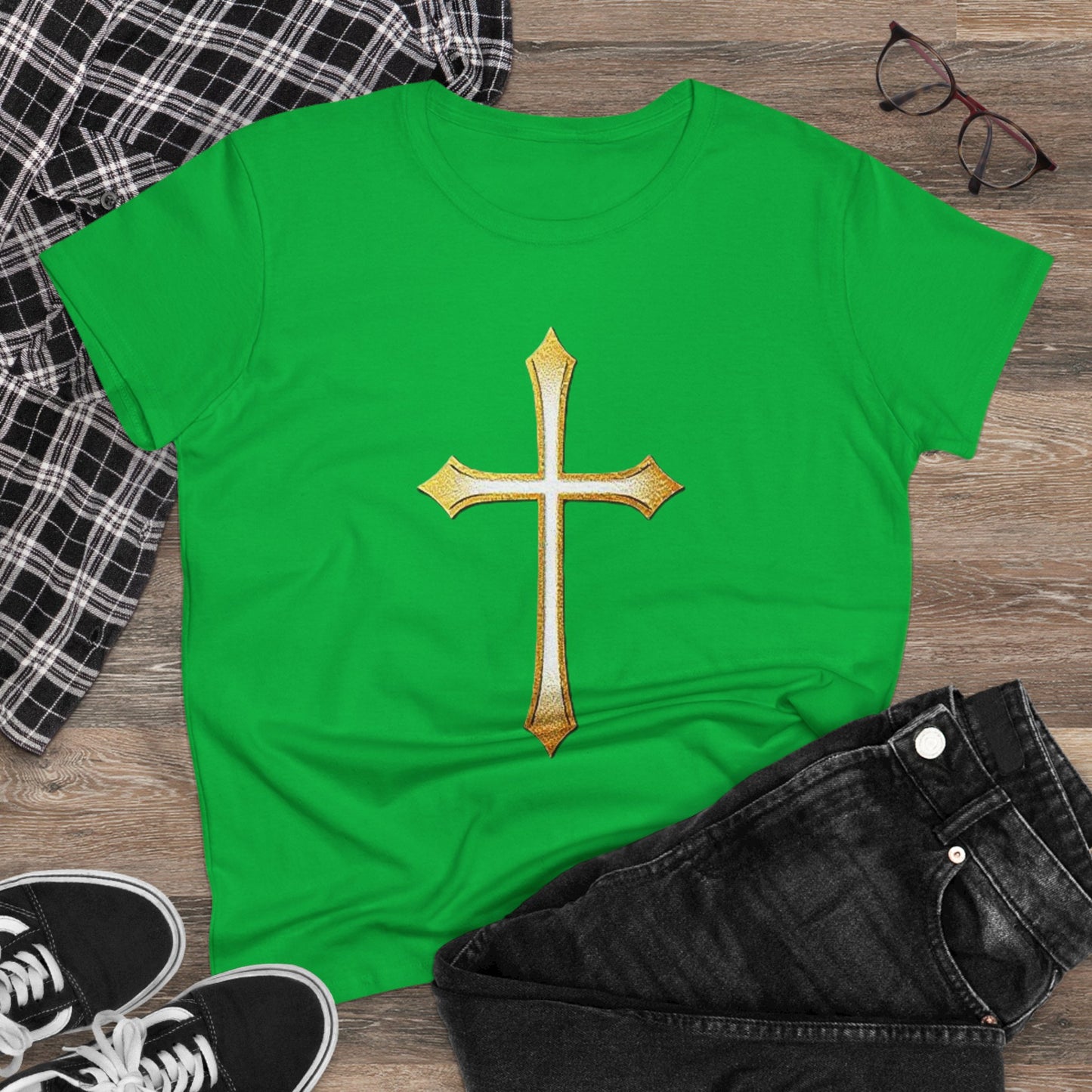 Women’s Gold Cross Tee – Christian Faith Shirt with Bold Cross Design