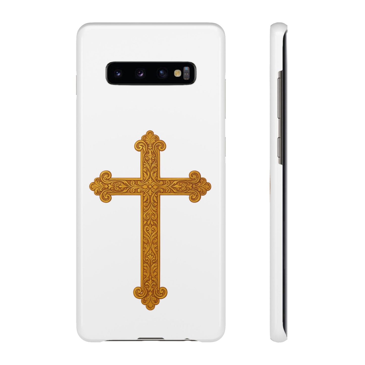 White Samsung Snap Case – Gold Cross Design