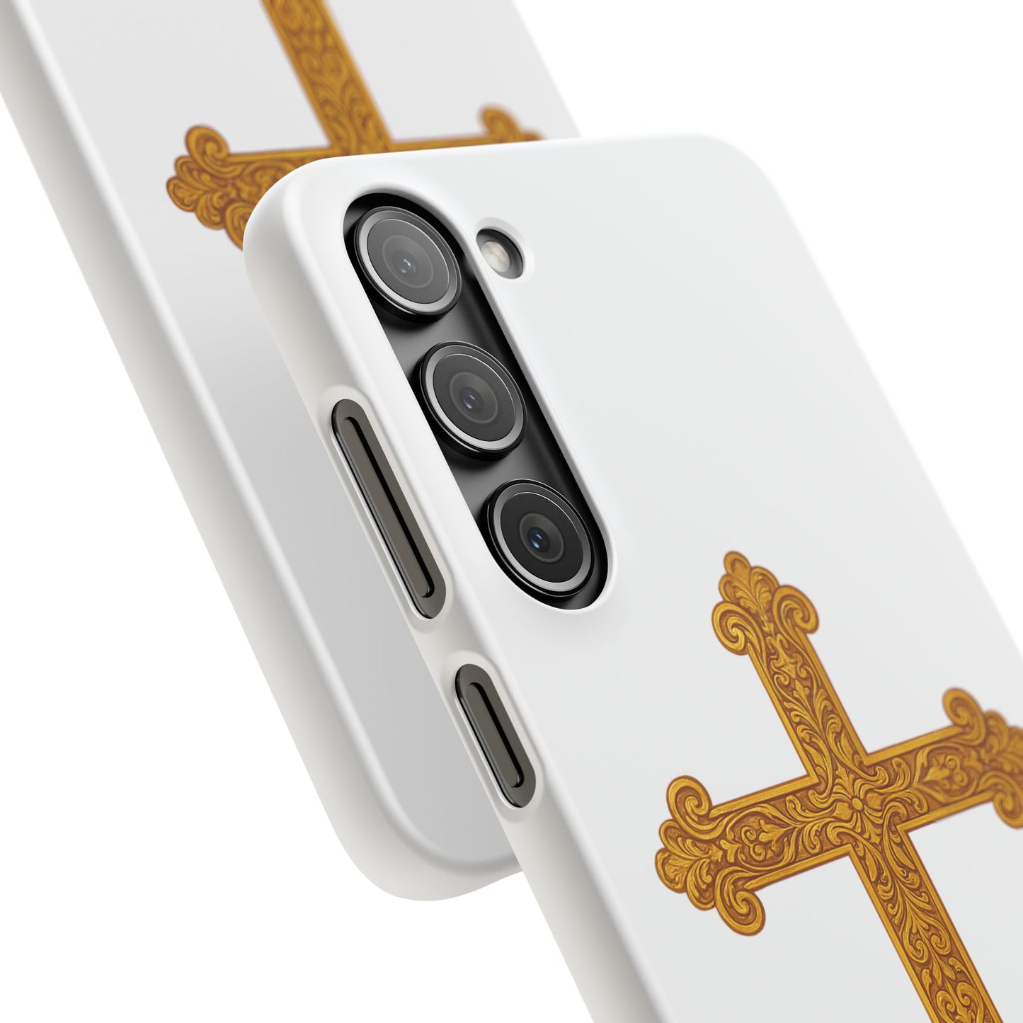 White Samsung Snap Case – Gold Cross Design