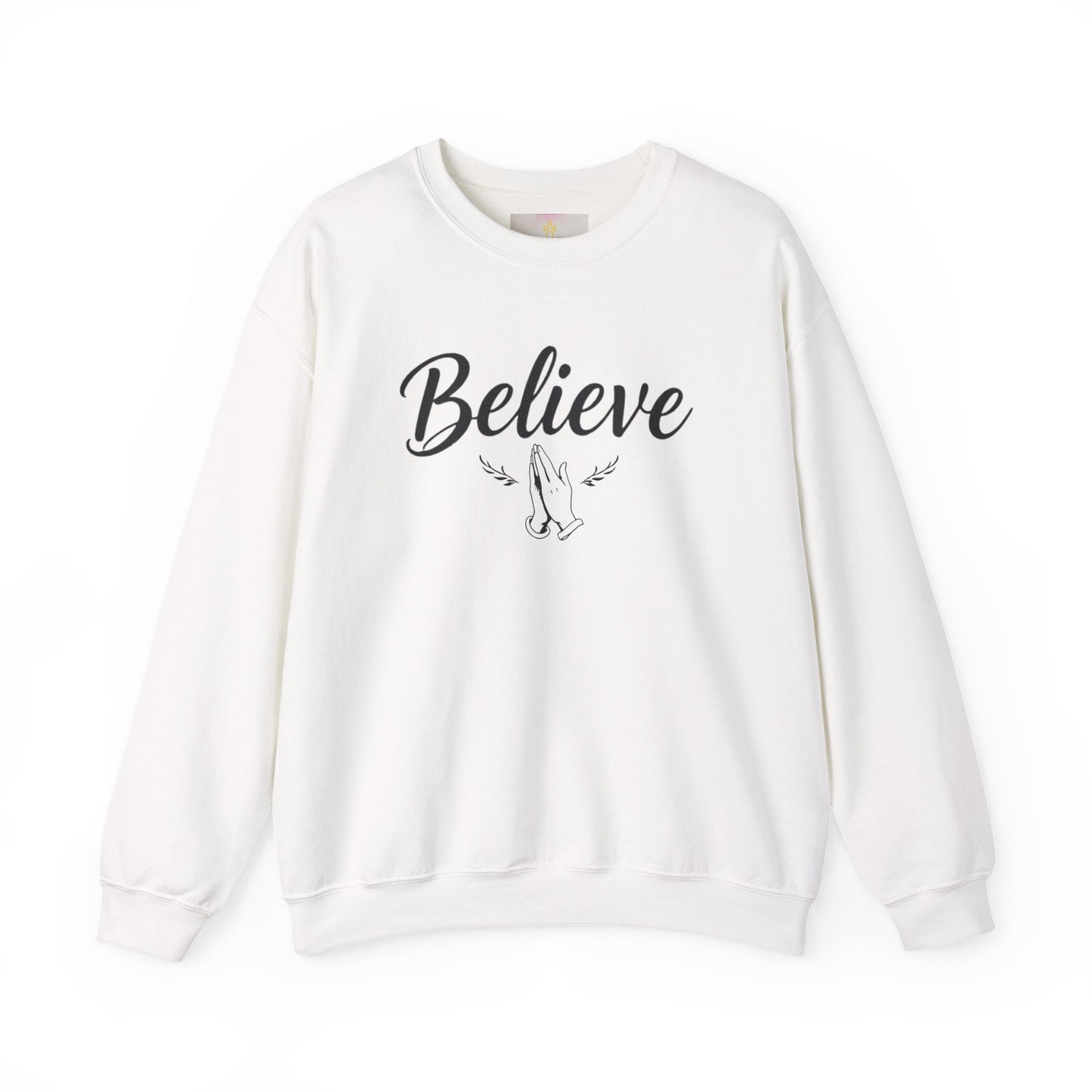 Women’s Believe Christian Sweatshirt – Praying Hands & Romans 10:9