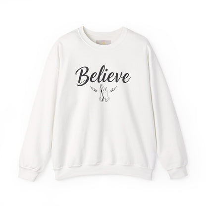 Women’s Believe Christian Sweatshirt – Praying Hands & Romans 10:9
