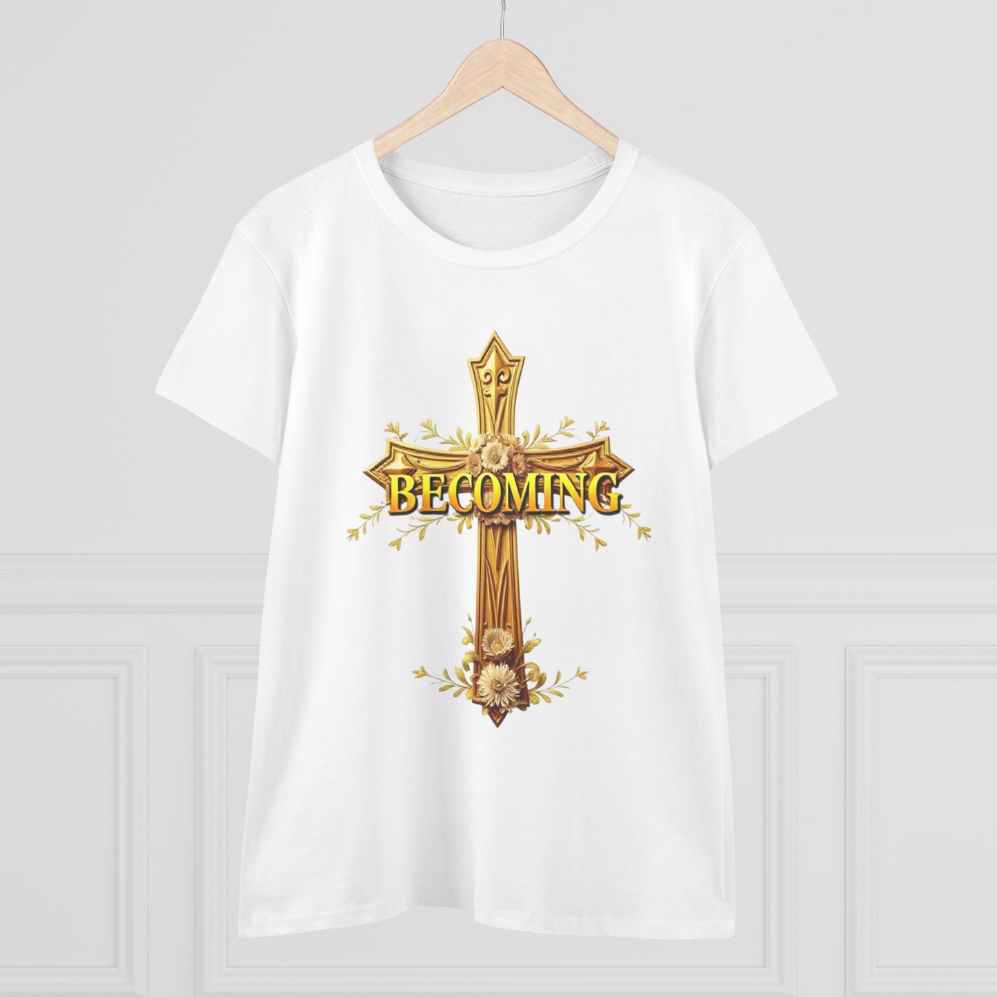 Becoming Women’s Faith Tee – Gold Cross Edition (Dark Lettering, 1 Corinthians 15:49)