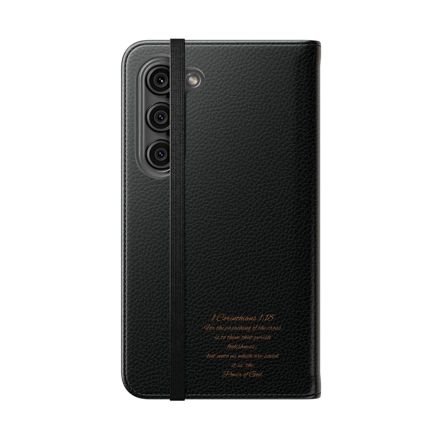 Black with Gold Cross & 1 Corinthians 1:18 - Samsung Flip/Wallet Phone Case