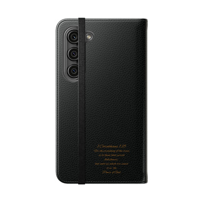 Black with Gold Cross & 1 Corinthians 1:18 - Samsung Flip/Wallet Phone Case