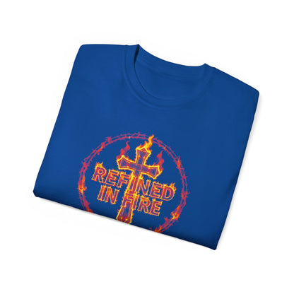 Men’s “Refined in Fire” Christian T-Shirt – Flame Text Spiritual Strength Tee