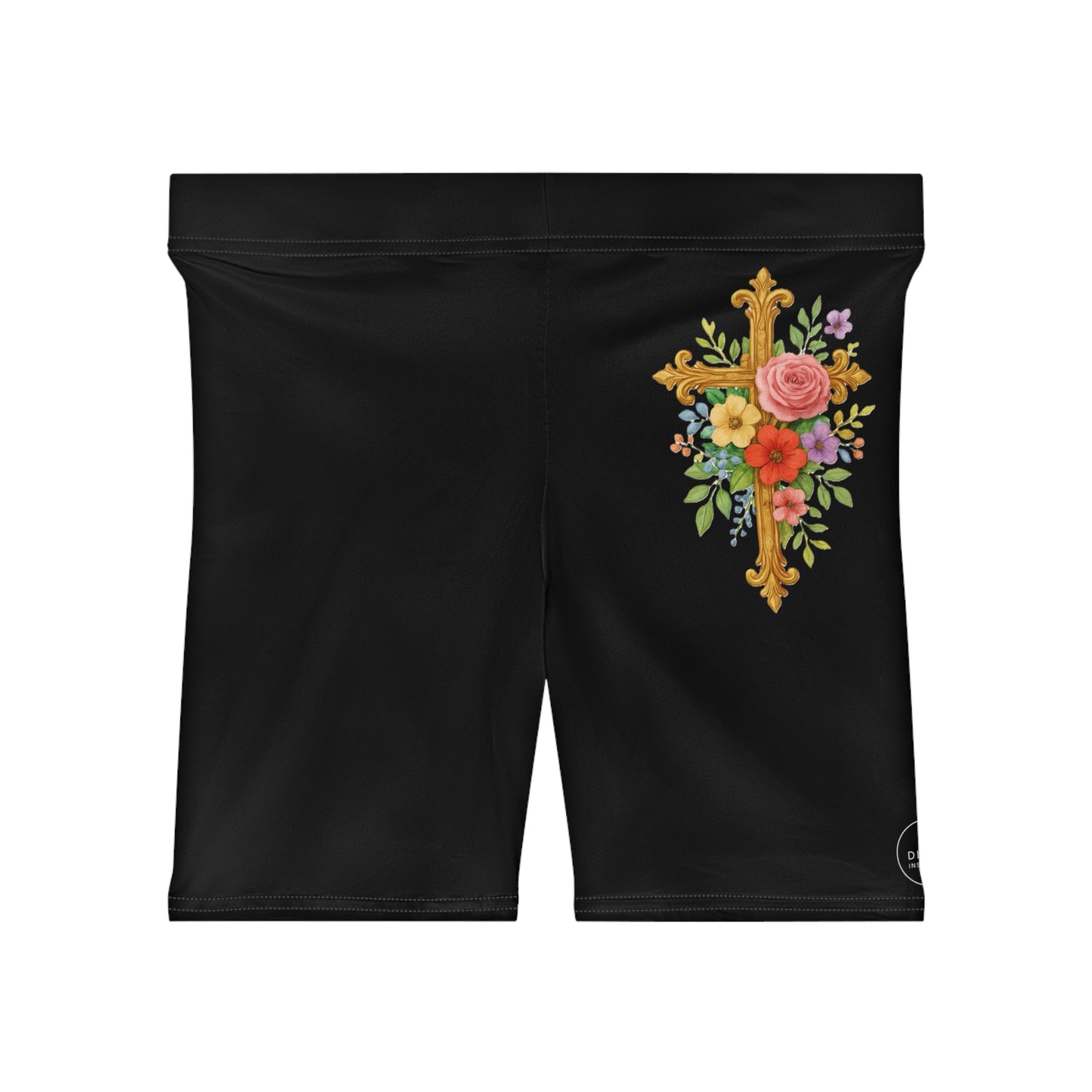 Floral Cross Women’s Biking Shorts in Black – Beauty and Strength in the Cross